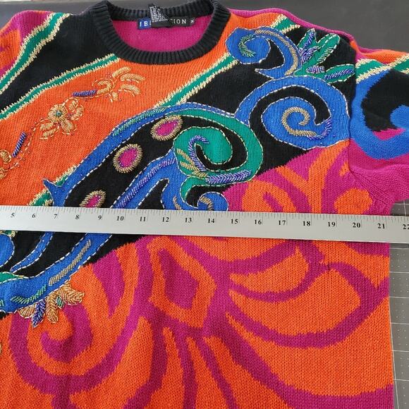 Vintage Colorful Sweater Womens Medium Bright Pink Knit Beaded Glam Rock 90s - Picture 11 of 12